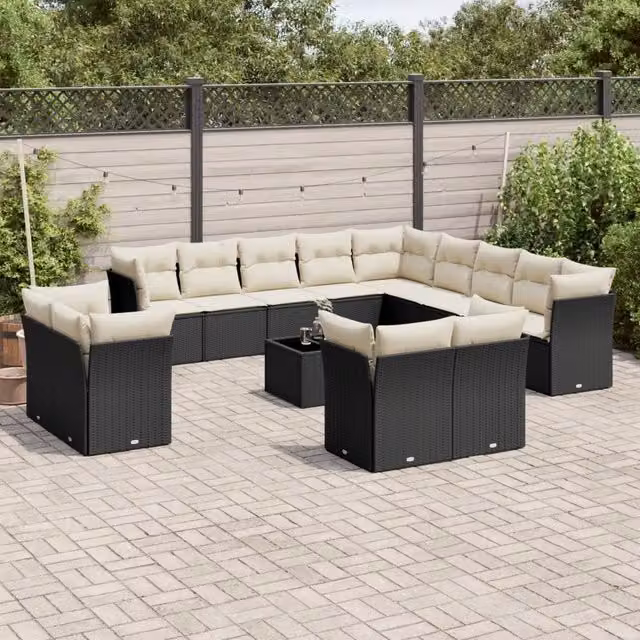 Set di Divani da Giardino Moderno VIDAXL in Polyrattan Nero con Cuscini, 14 Pezzi – 1