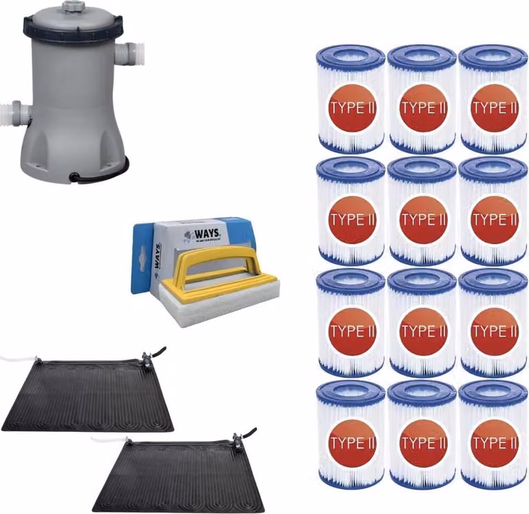 WAYS - Cura della piscina - 2x Solarmat & pompa filtro 2006 L/h & 12 filtri tipo II & spazzola WAYS