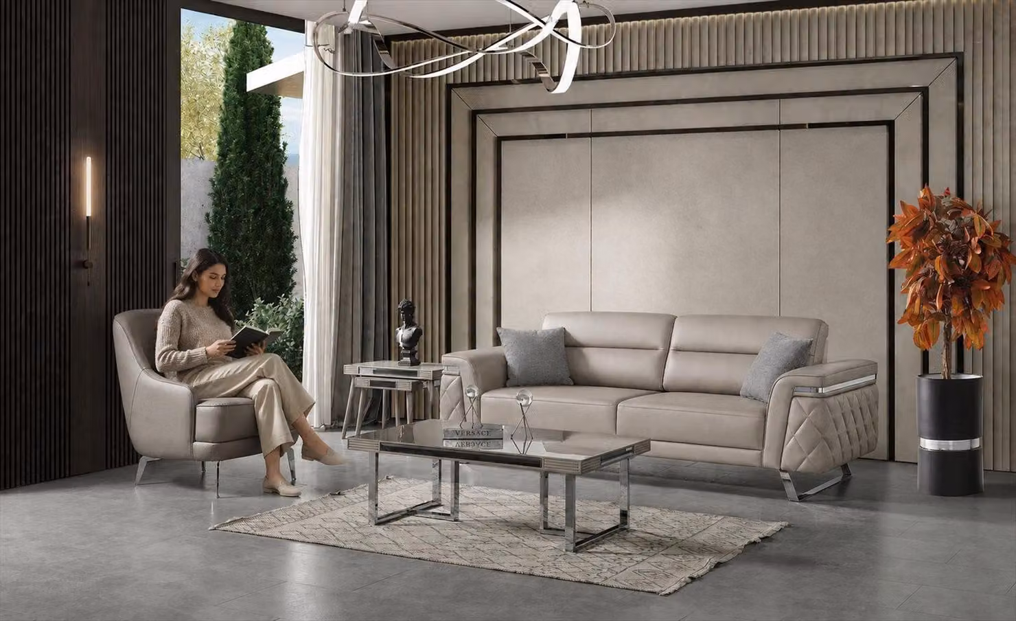 Modern 3-Sitzer Sofa Sessel Beige Stoff Metall Wohnzimmermöbel