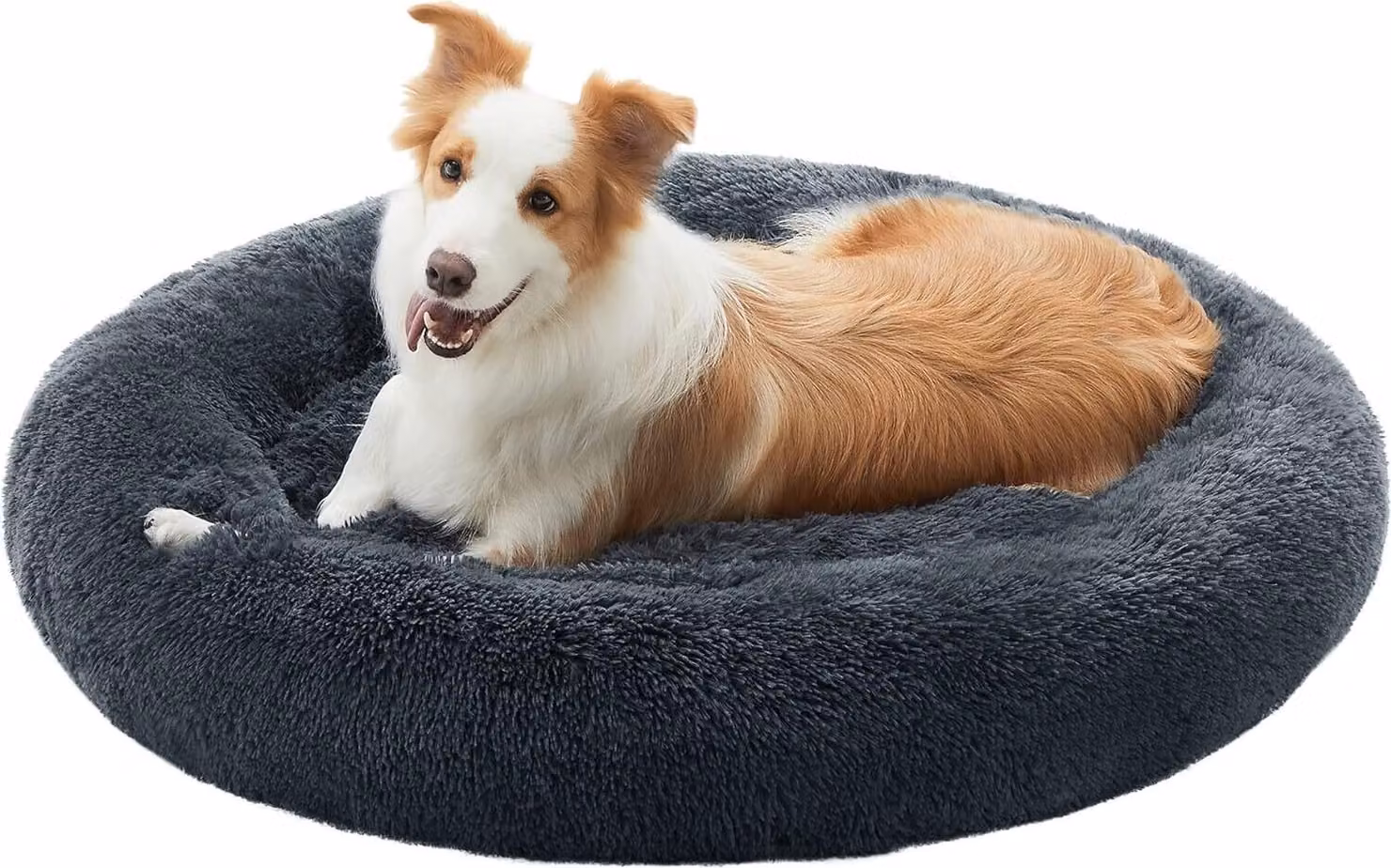 Lettino per cani Feandrea, cestino per gatti, cuscino a ciambella, lavabile, imbottitura centrale rimovibile, peluche lungo, diametro 100 cm, grigio scuro