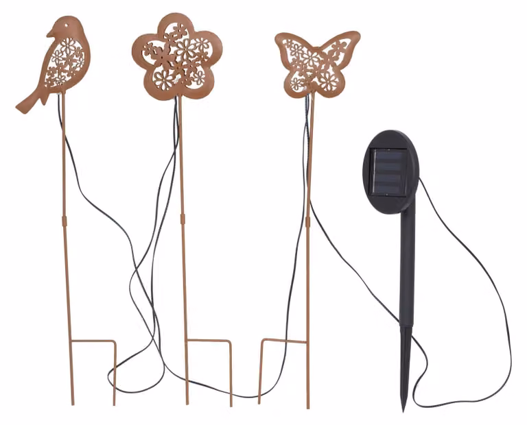 Set da 3 decorazioni da giardino a energia solare: farfalla, fiore e uccellino in metallo a LED