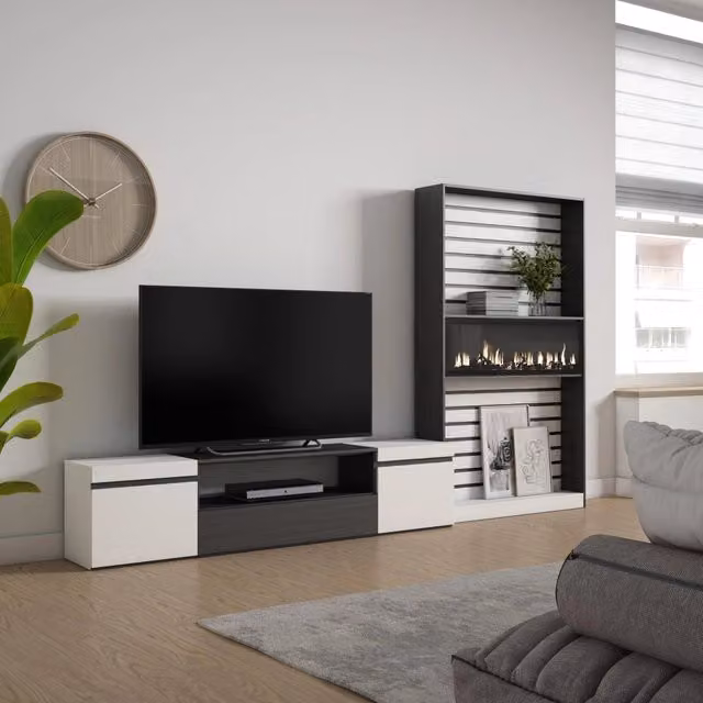 Mobile TV da soggiorno Skraut Home con camino elettrico, Bianco e nero, L: 310 cm, P: 35 cm, H: 186 cm