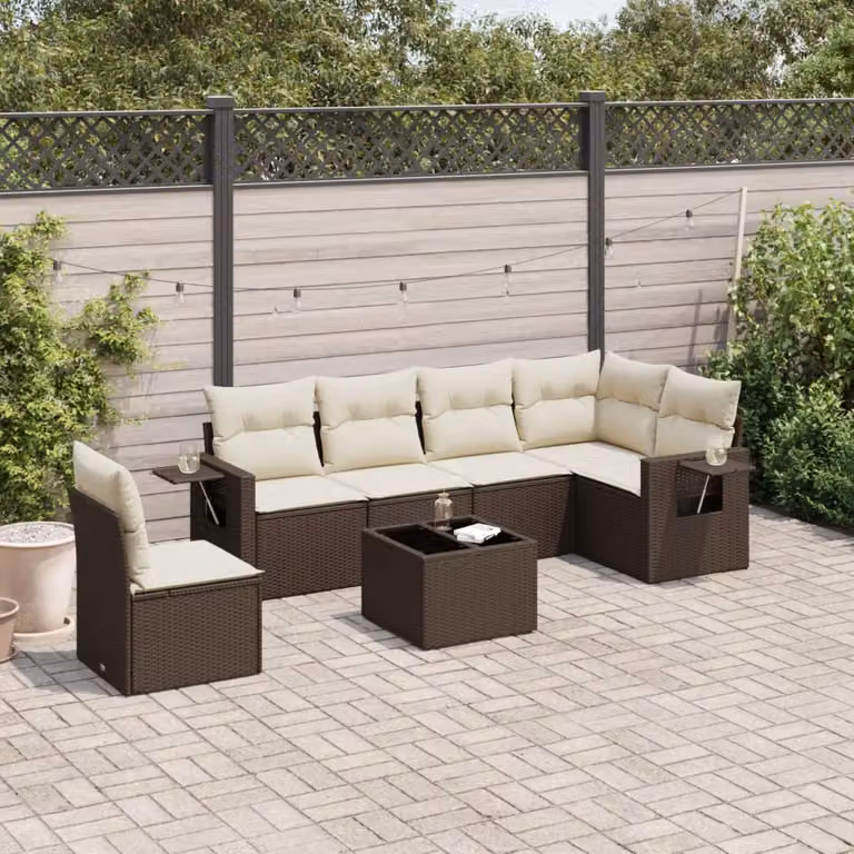 Set di divani da giardino vidaXL in polyrattan marrone con cuscini bianchi a forma di L