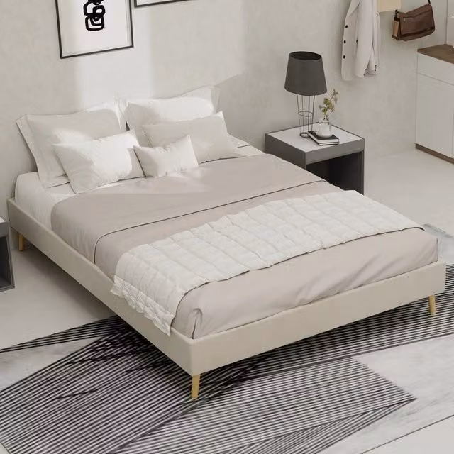 Letto Matrimoniale Minimal in Velluto Beige L/P: 140 x 200 cm