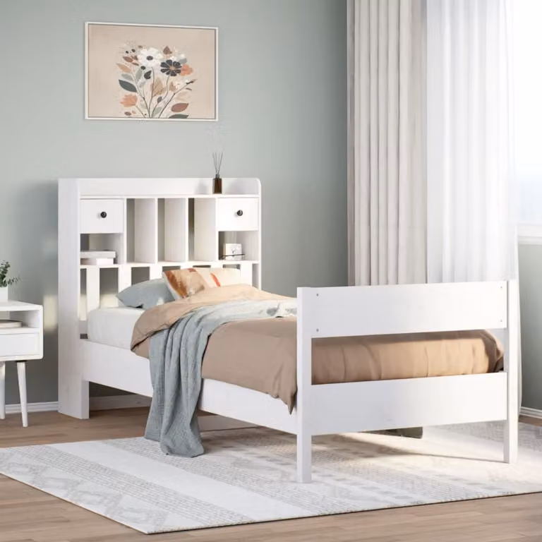 vidaXL Letto con Libreria e Cassetti in Legno di Pino Rustico Bianco L: 190 cm, P: 81 cm, H: 110 cm