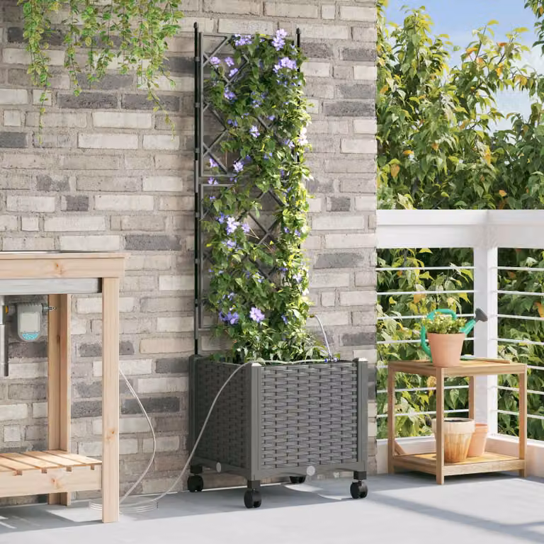 vidaXL Vaso da Giardino con Irrigazione e Ruote Grigio Chiaro in Plastica