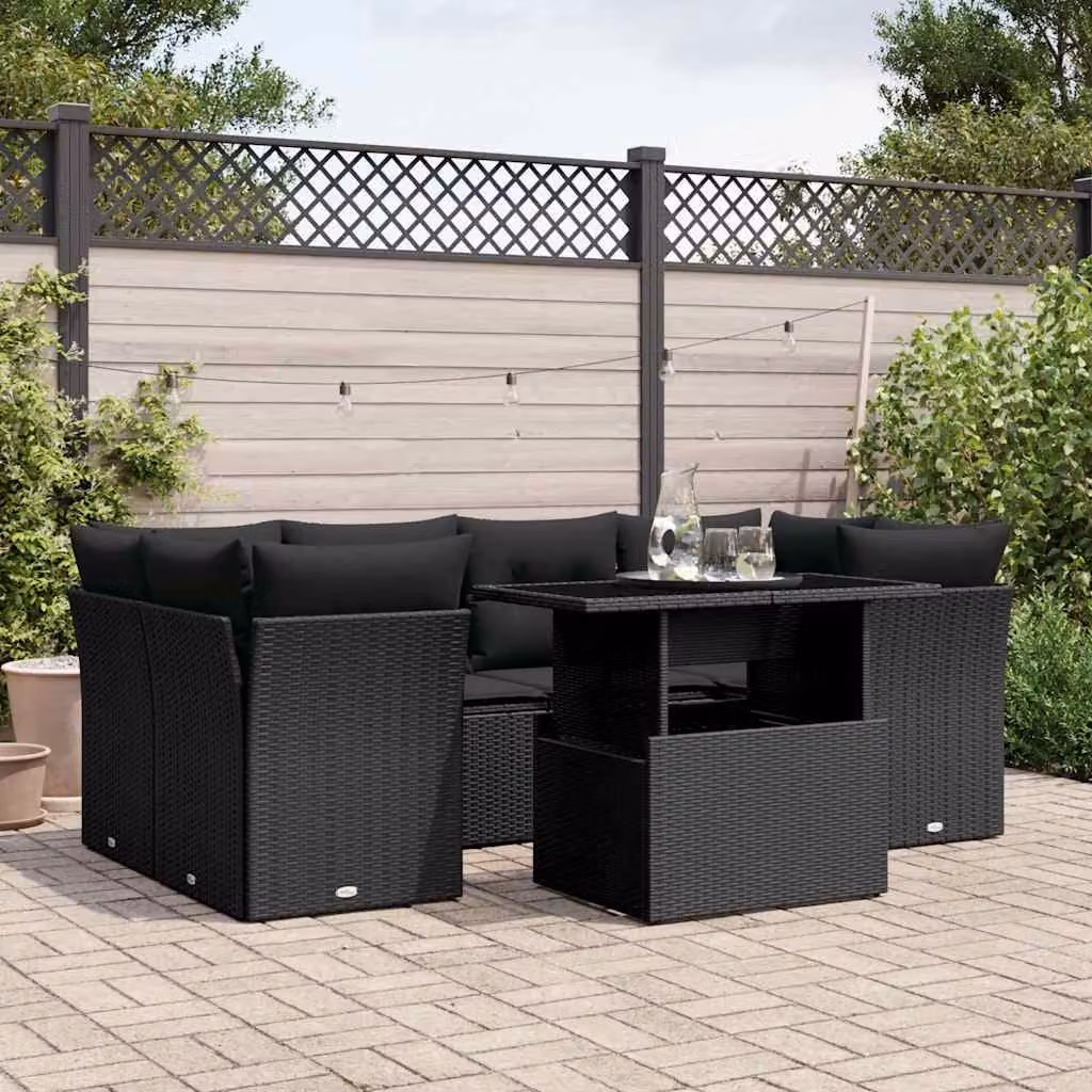 vidaXL Set Divani da Giardino a L con Cuscini 7pz Nero con Tavolino e Struttura in Metallo e Polyrattan – 1