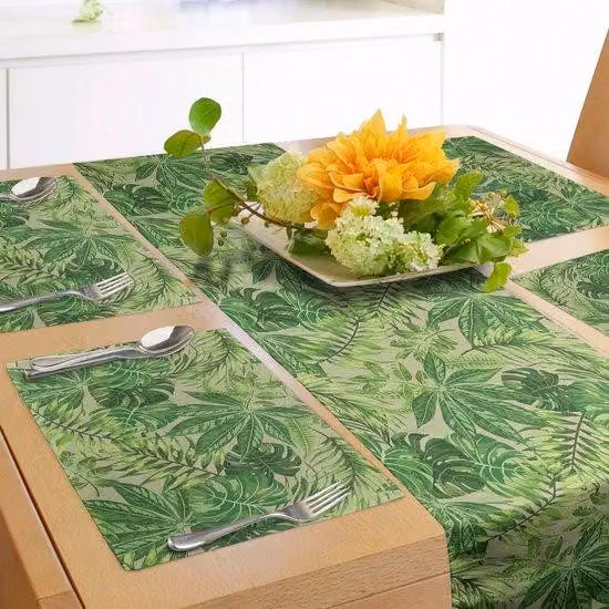 Tovaglia con foglie tropicali - 180 x 40 cm - Verde mela - Verde Vernalis - Motivo a foglie