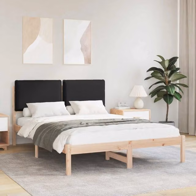 Letto matrimoniale vidaXL con testiera rivestita in tessuto nero e struttura in legno di pino L/P/H: 145.5 x 140 x 205.5 cm