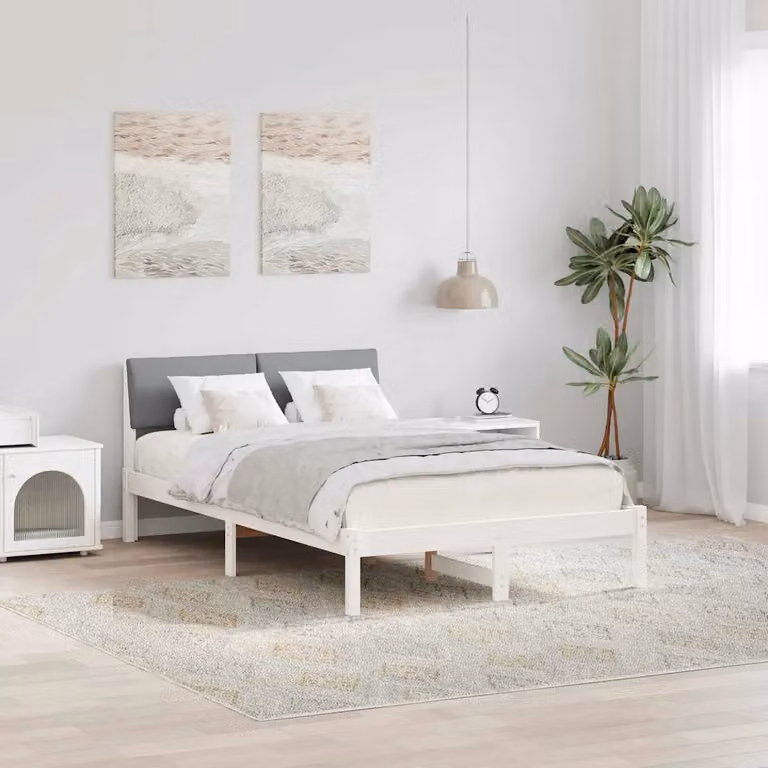 Struttura del letto moderna vidaXL in legno di pino e tessuto, bianco e grigio, L/P/H: 120 x 200 x 78,5 cm