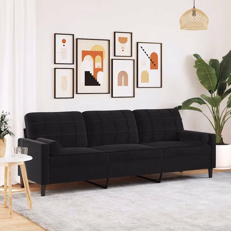 vidaXL Divano a 3 Posti Moderno in Velluto Nero con Cuscini e Coperture Rimovibili L: 226 cm, P: 80 cm, H: 77 cm