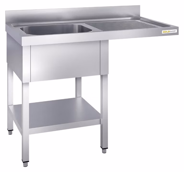 Lavello per lavastoviglie in acciaio inossidabile, con un vano, dimensioni 1400x700 mm, con scolapiatti integrato a destra, modello PREMIUM - GOLDINOX