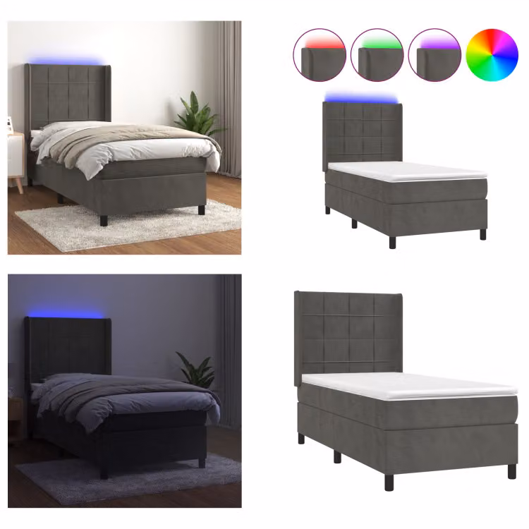 vidaXL Letto a molle con materasso e LED in velluto grigio scuro 80x200 cm - Letto a molle - Boxspringbetten - Bett - Schlafzimmermöbel