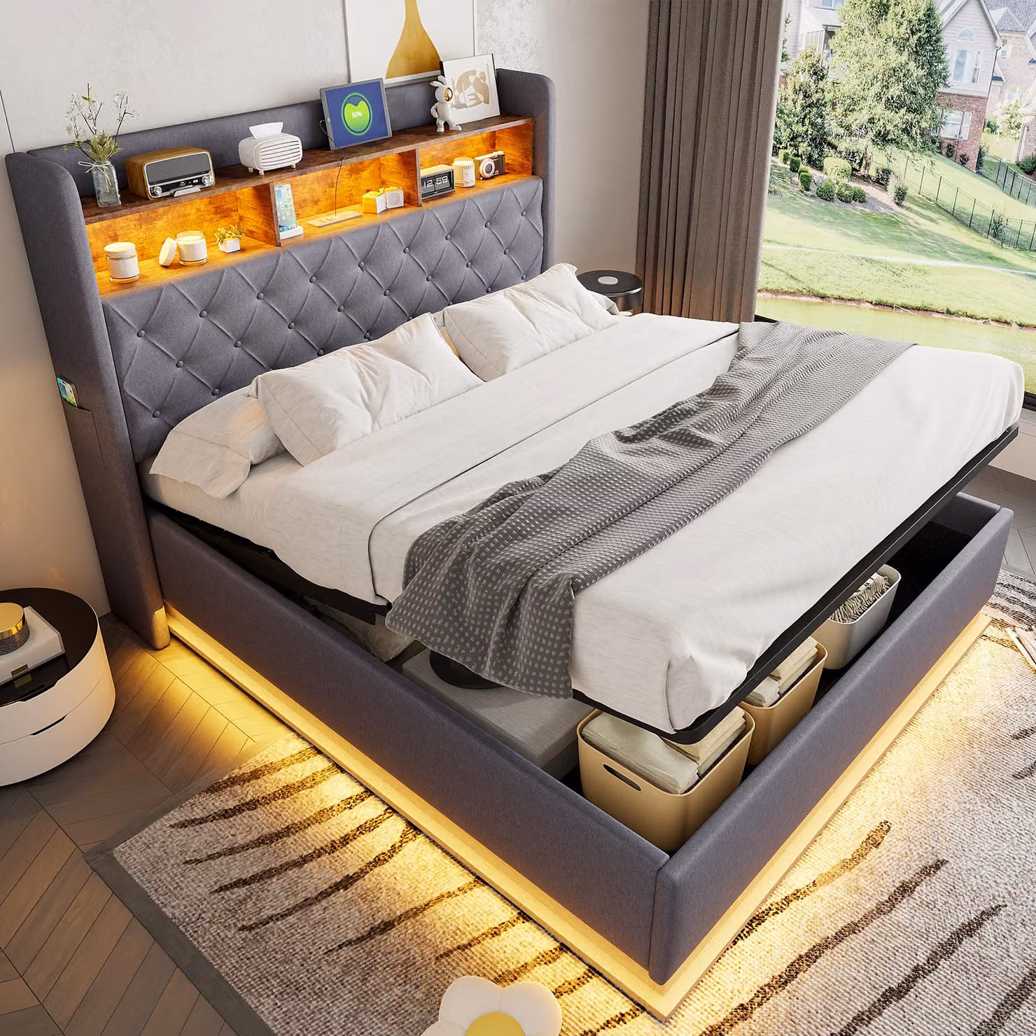 Letto imbottito Merax LED 160x200 cm, letto contenitore con connessione di ricarica USB, rete idraulica con robusta struttura in metallo, grigio