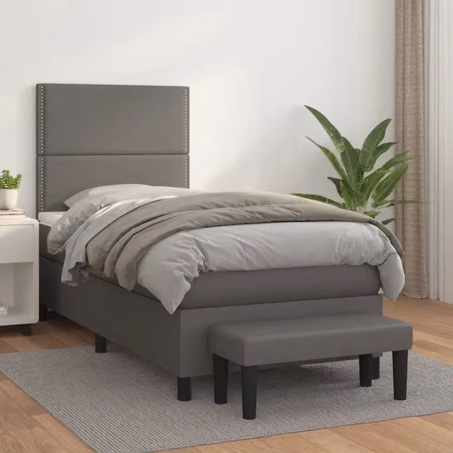 Letto a molle con materasso ibrido vidaXL in similpelle grigia e bianca L: 100 cm, P: 200 cm, H: 203 cm – 1