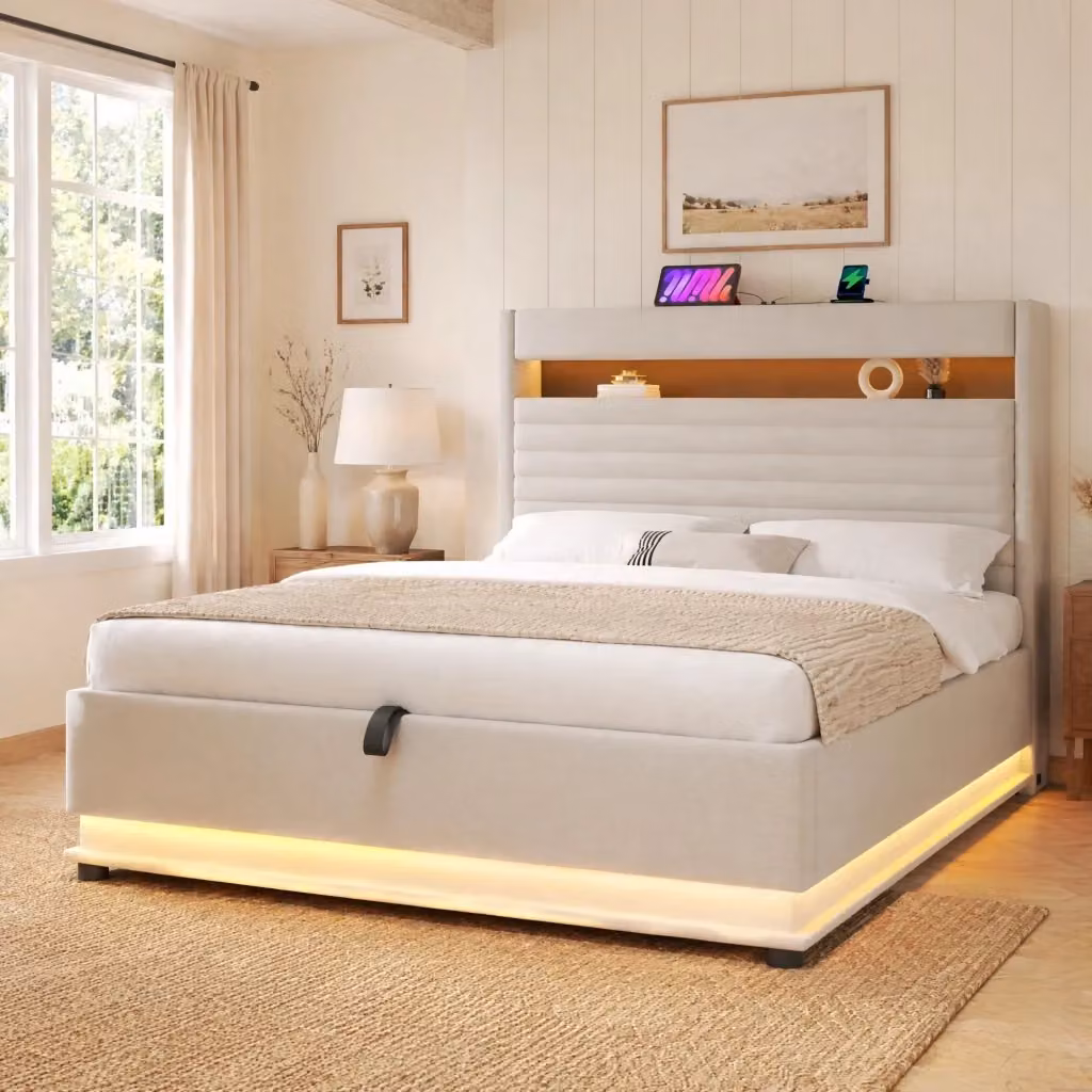 Letto Contenitore REDOM in Lino Beige con Illuminazione LED, Porta USB-C e Ripiano Integrato, L/P: 140 x 200 cm – 2
