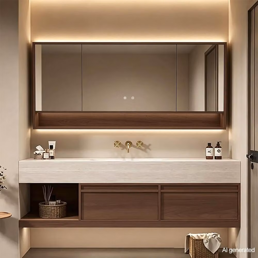 Set di mobili da bagno con lavabo in pietra sinterizzata, mobile sottolavabo sospeso e pensile a specchio, moderno lavabo per il bagno, dimensioni 140x55 cm [RW016-140JG BKK]