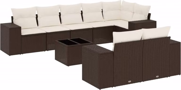 Set Divani da Giardino 9pz con Cuscini Marrone in Polyrattan