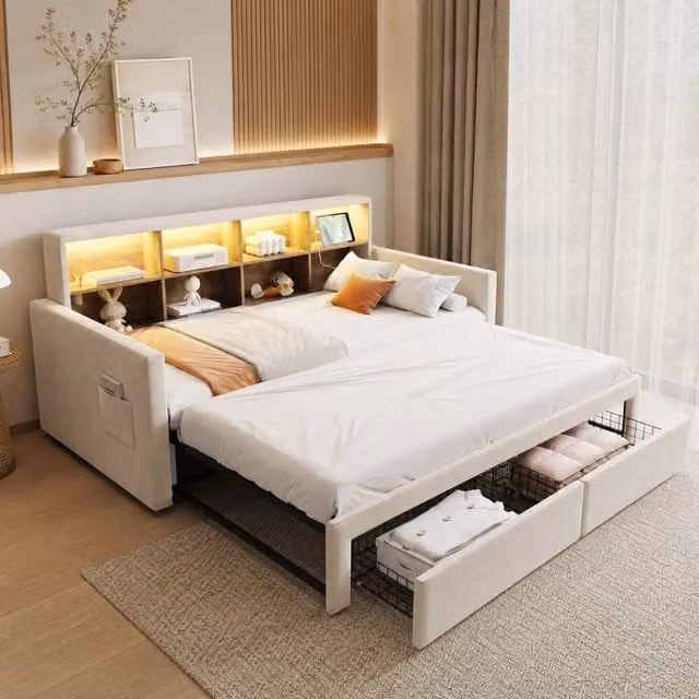 Divano letto estraibile ULEVR 90x190 cm estendibile a 180 cm, LED, prese USB e Type-C, 2 cassetti, velluto beige
