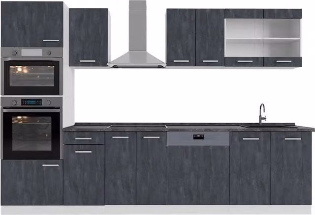 Cucina componibile moderna R-Line Vicco, colore Calce nera/Bianco con piano Antracite, L: 300 cm, P: 60 cm, H: 206,8 cm – 1