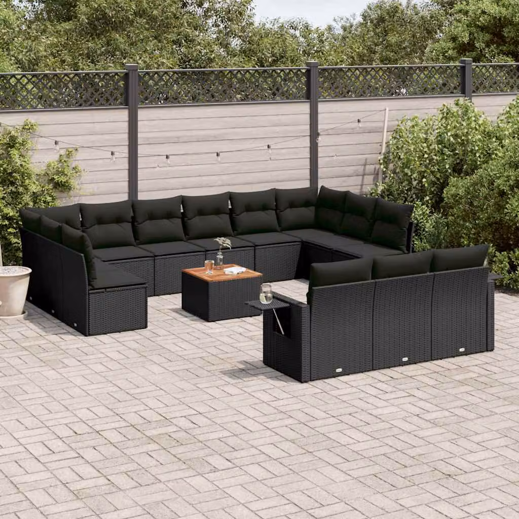 vidaXL Set Divani da Giardino a Forma di U in Polyrattan Nero con Cuscini e Tavolino da Esterno – 1