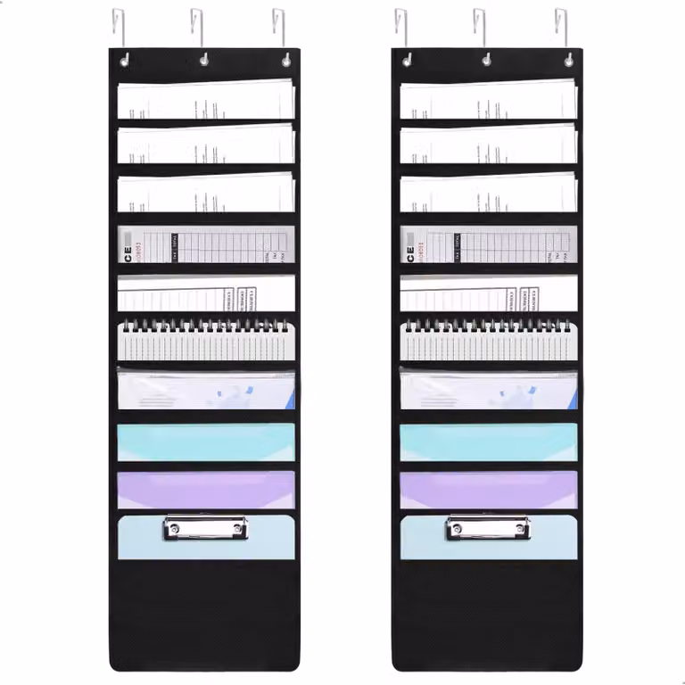 Cartelle appendibili con 10 scomparti, organizer da parete per documenti A4, 6 ganci per porta