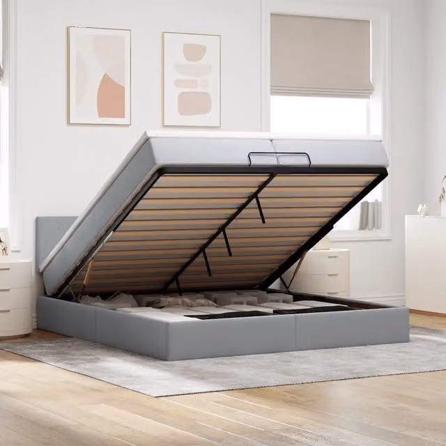 Letto con contenitore a sollevamento vidaXL in tessuto grigio e bianco con illuminazione sottostante e porta USB, L 200 x P 200 x H 280 cm