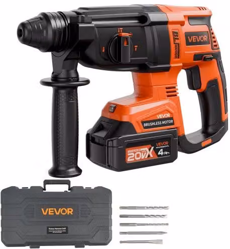 VEVOR Trapano a Percussione Senza Spazzole 20 V Arancione con Batteria Ricaricabile, Caricabatteria e Custodia, 4 Funzioni, 1200 Giri/min e 5300 BPM