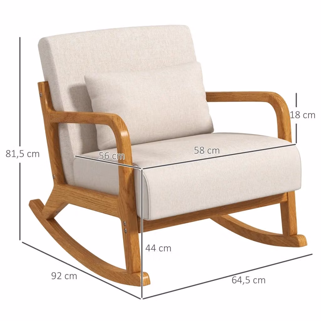 Poltrona a dondolo REDOM in legno massello e tessuto bianco, L: 64,5 cm, P: 92 cm, H: 81,5 cm – 2