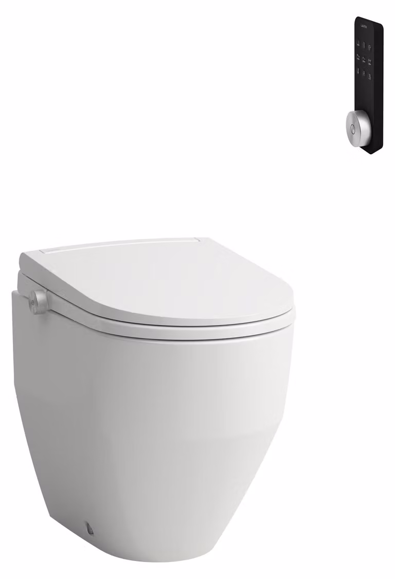 WC douche sur pied LAUFEN Cleanet Pro, sans rebord, chasse d'eau à déversement profond, abattant et couvercle à fermeture progressive, télécommande, siège chauffant, 370 x 530 x 515 mm, H603890000S002, H603890000S002