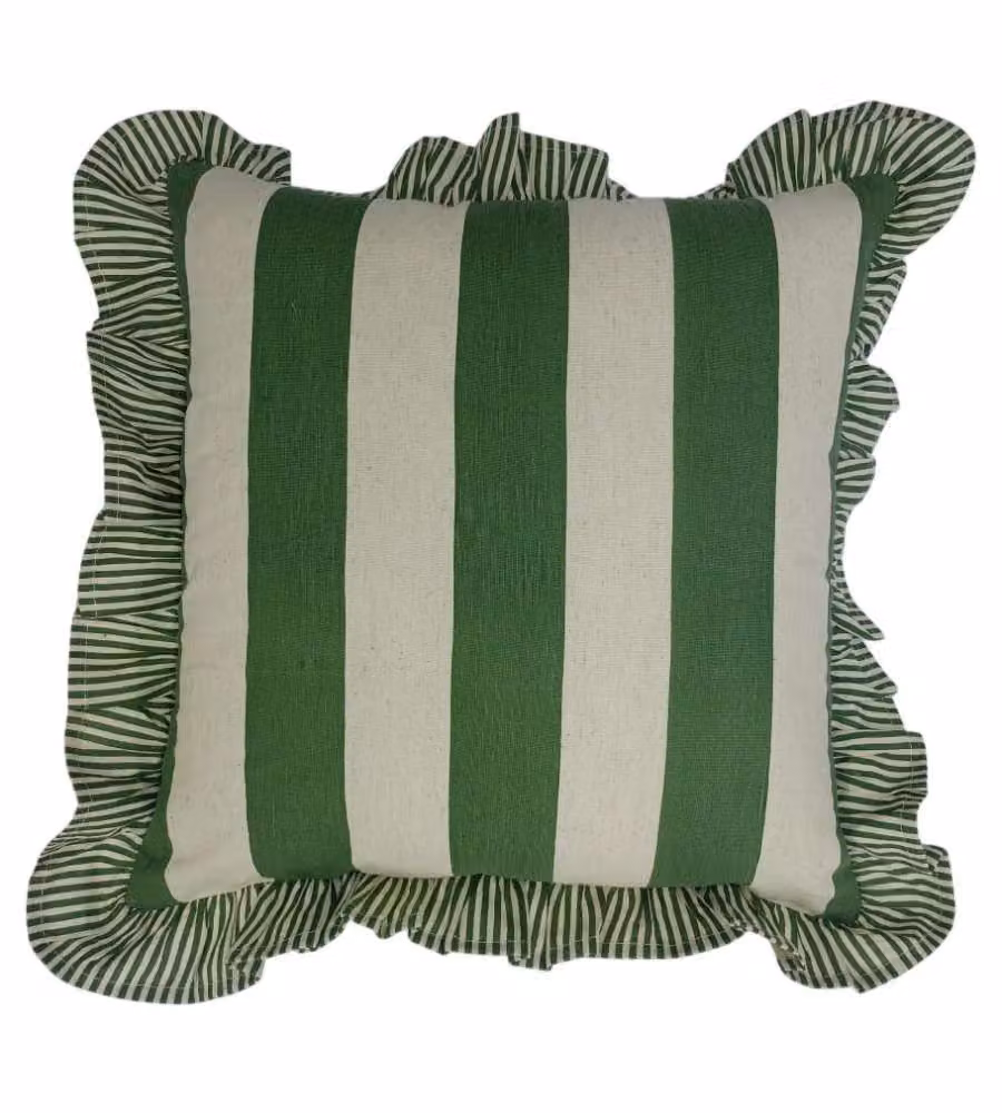 DOMO MEA Cuscino 45x45cm Rigato Verde Scuro con Frangia e Zip