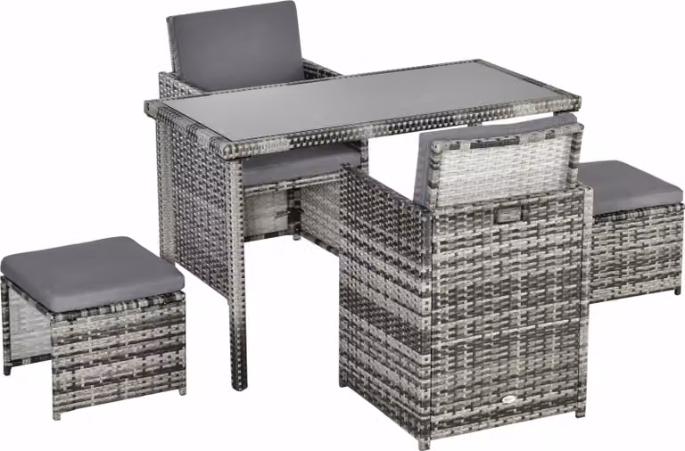 Set da giardino in polyrattan per 4 persone, set da pranzo con cuscini, grigio, resistente alle intemperie ed elegante, ideale per giardino e terrazza