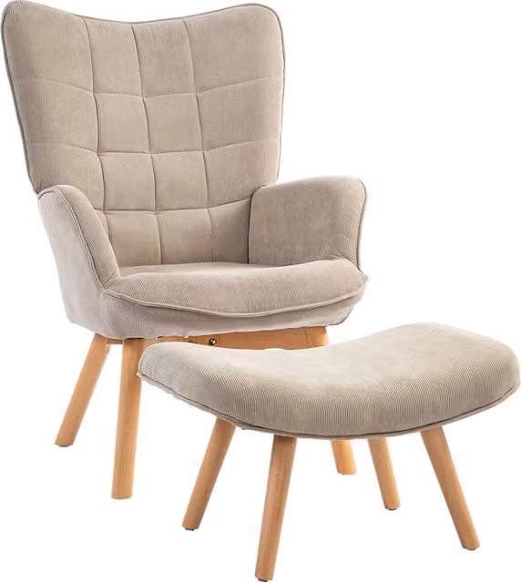 Poltrona con schienale alto e poggiapiedi, reclinabile, poltrona imbottita effetto velluto a coste, poltrona lounge, poltrona con gambe in legno,