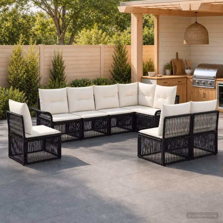 Set Divano da Giardino vidaXL 8 pz L-Shape Nero in Polyrattan con Cuscini e Struttura in Acciaio