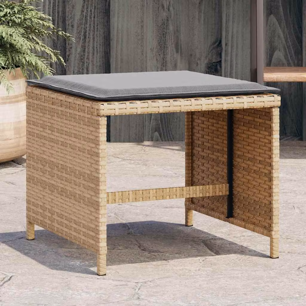 Set di 4 sgabelli da giardino vidaXL in polyrattan con cuscini beige e grigio, L/P/H: 41 x 41 x 36 cm