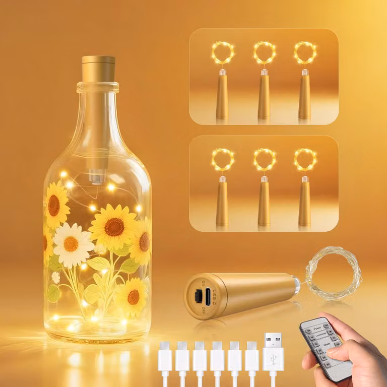 Set di 6 luci a LED per bottiglie, con tappo in sughero, 20 LED, 2 metri, con timer e telecomando