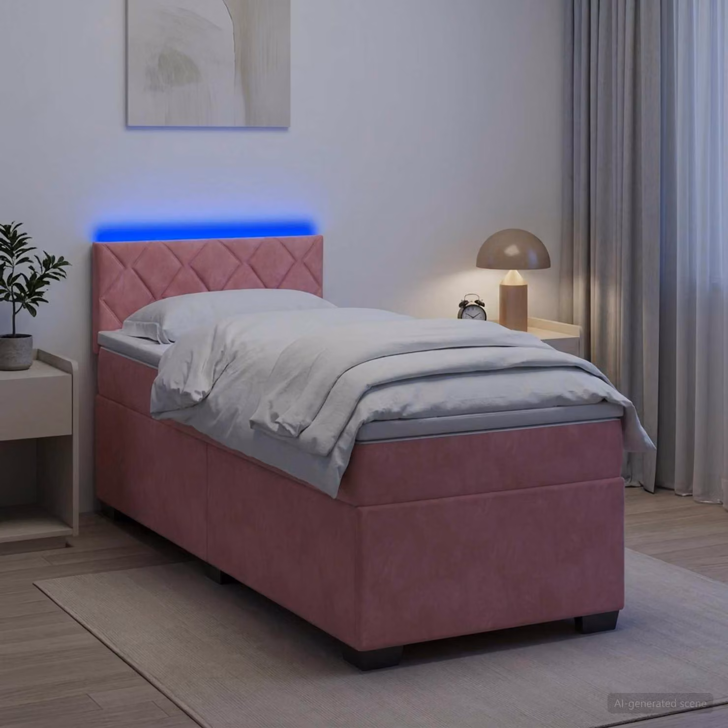 Letto a molle con materasso e illuminazione LED rosa, 100 x 200 cm, rivestito in velluto