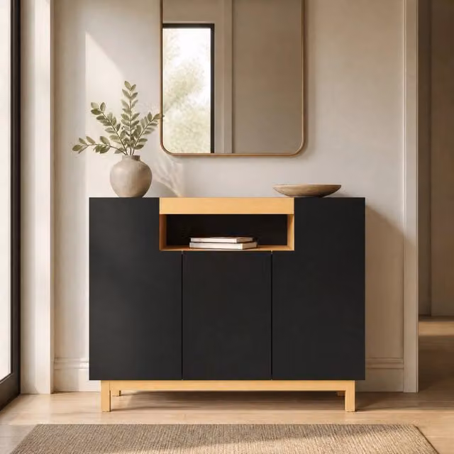 Credenza Mivray moderna con tre ante e vano centrale aperto, colore nero effetto legno, L/P/H: 120.5 x 42 x 96 cm