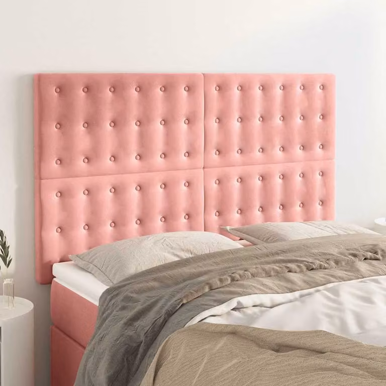 Testiera per letto vidaXL in velluto rosa con struttura imbottita, L: 144 cm, P: 5 cm, H: 118/128 cm