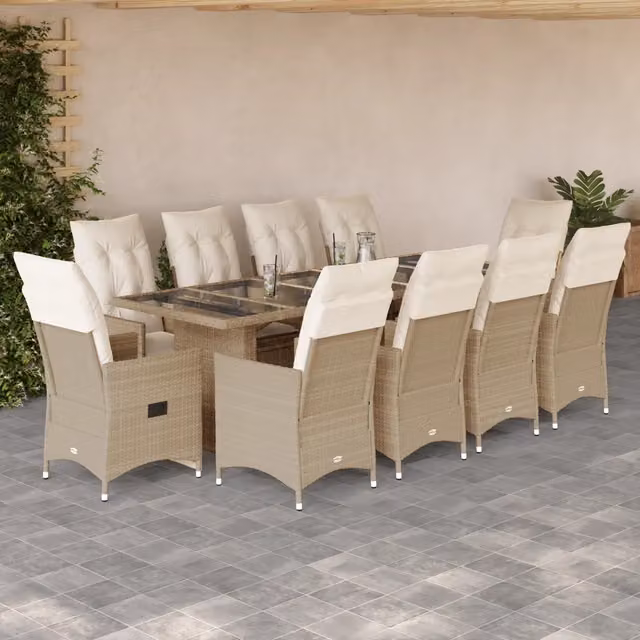Set Bistrò da Giardino vidaXL in Polyrattan Beige e Bianco con 11 Pezzi e Cuscini – 1