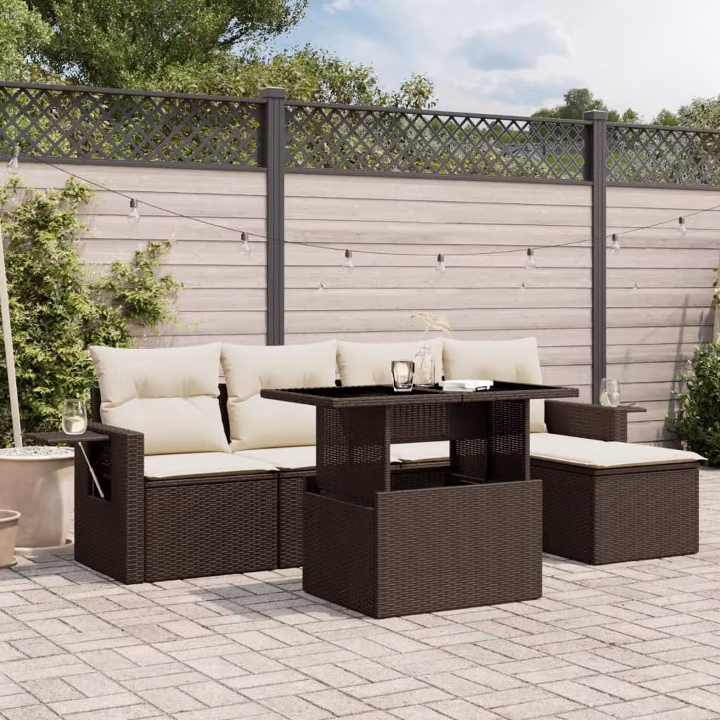vidaXL Set Divano da Giardino 6 pz in Polyrattan Marrone con Cuscini e Tavolino con Piano in Vetro – 1