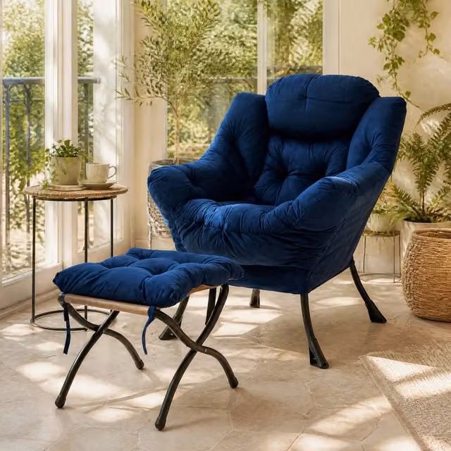 Poltrona relax con poggiapiedi blu scuro, tasca laterale e braccioli