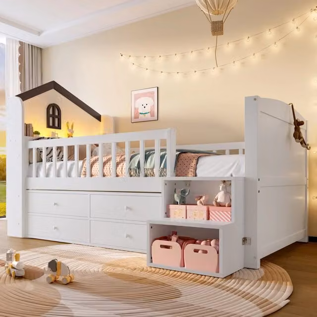 Letto a mezza altezza 90x200 cm a forma di casa con finestre, 4 cassetti, barra LED, scala contenitore, senza materasso - Bianco