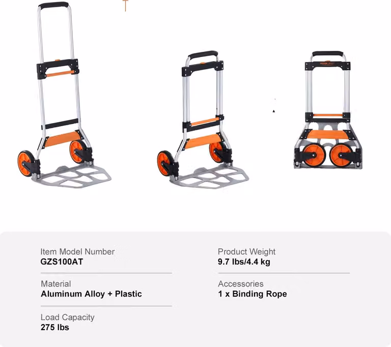 Carrello manuale pieghevole, lega leggera di alluminio, corda di legatura, 275 libbre