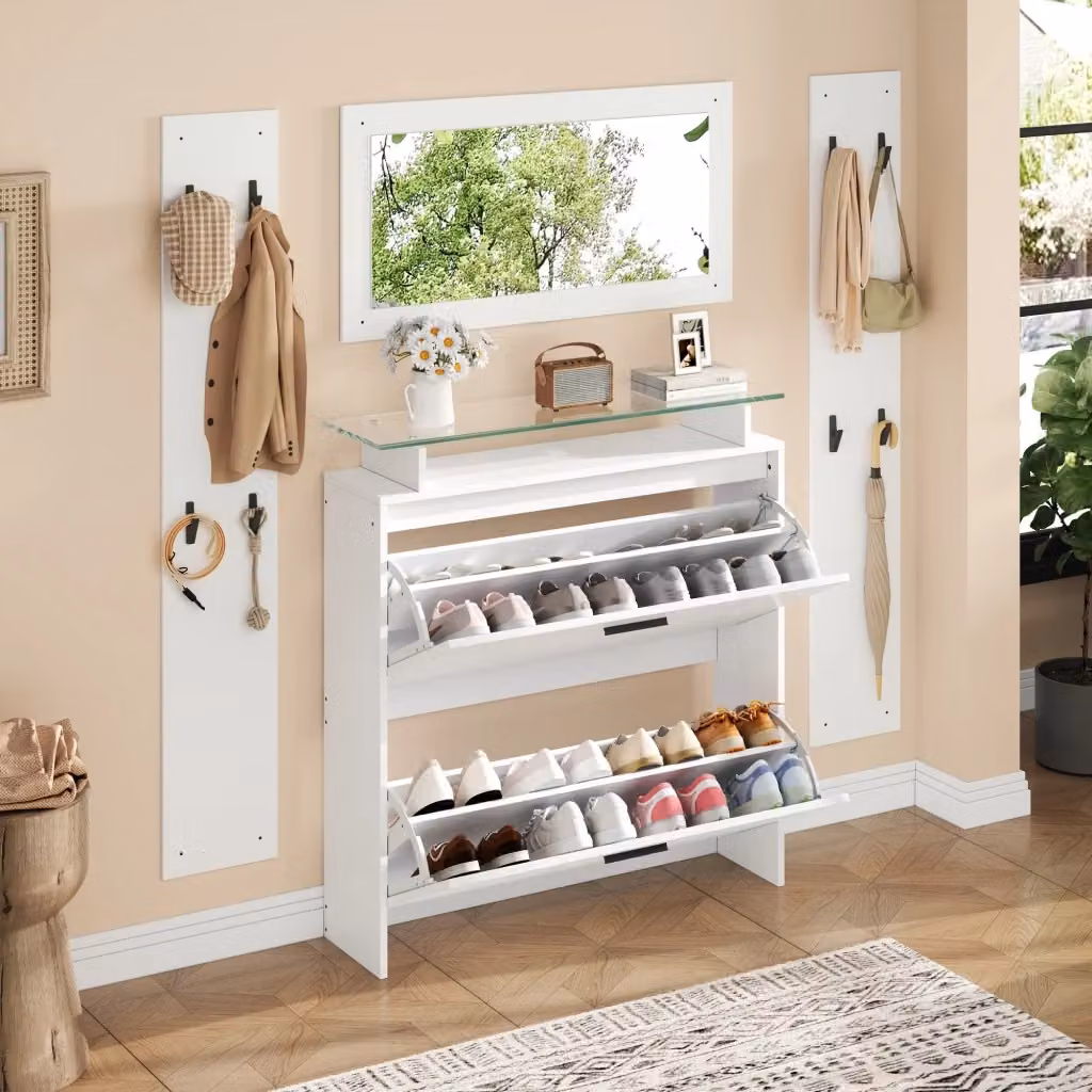 Set guardaroba da ingresso WISHDOR 4 pezzi moderno bianco lucido con specchio, scarpiera a 2 ante ribaltabili e ripiani in vetro, H: 140 x L: 80 x P: 37,15 cm – 2