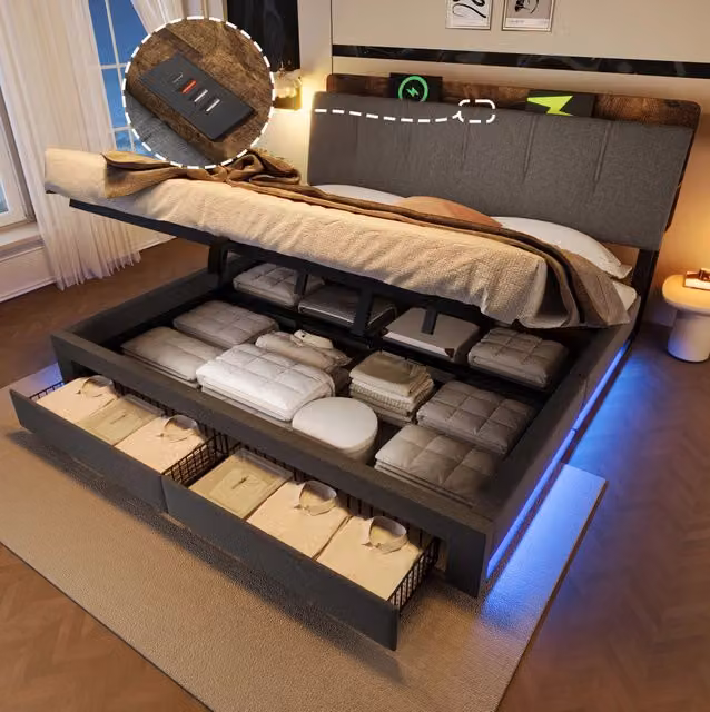 Letto imbottito 180x200 cm con vano idraulico; cassetti; LED; USB e Type-C; lino grigio