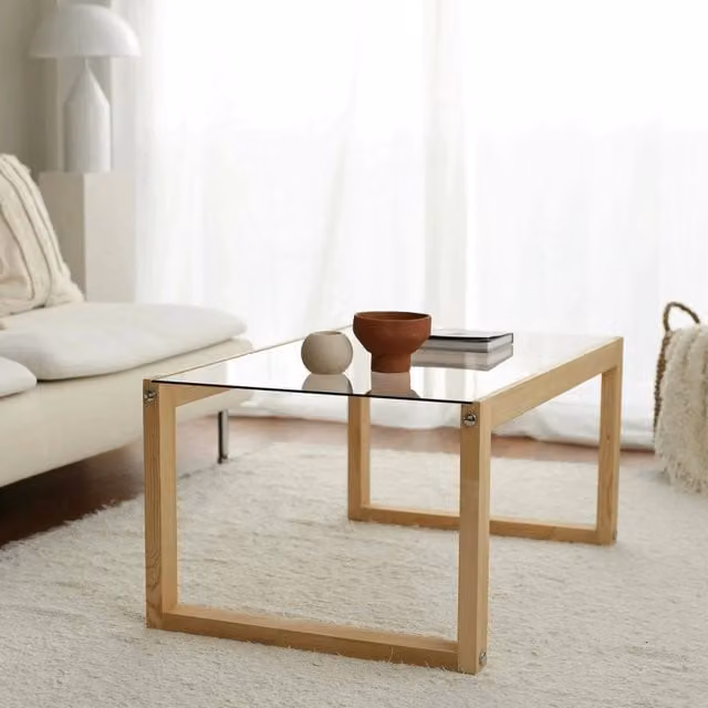 Tavolino da salotto DMORA moderno in legno rovere marrone e vetro trasparente L: 55 cm, P: 40 cm, H: 55 cm – 1