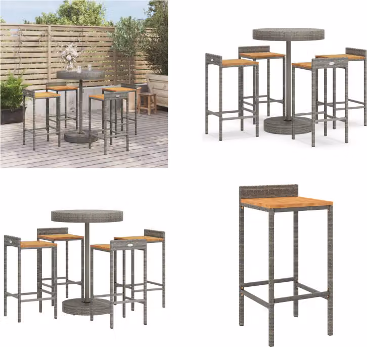 vidaXL Set bar da giardino 5 pezzi in poly rattan grigio e legno massiccio di acacia - Set bar da giardino - Set bar da giardino - Set bar da giardino - Bar da giardino