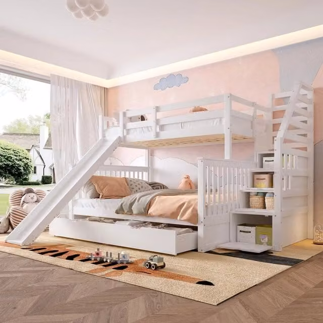 Letto a castello con cassetti ¨C Minimal ¨C Bianco 90x200 / 140x200 con scivolo