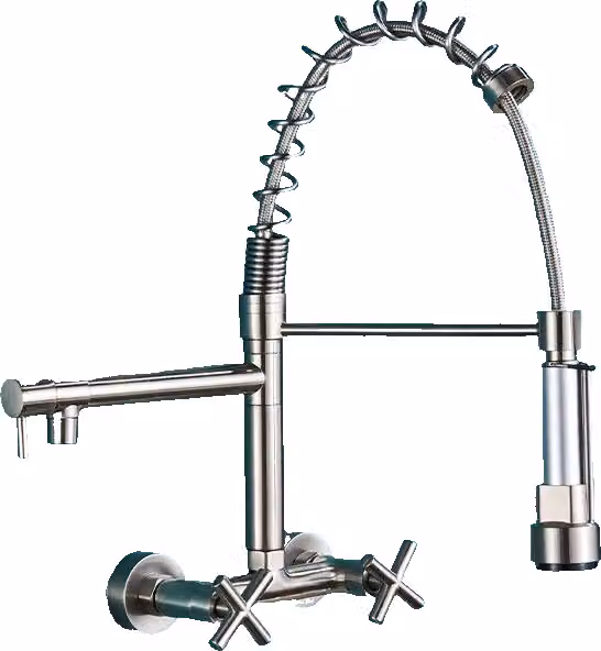 Rubinetto da parete professionale Klarwerk Bjorn in acciaio inox color argento con due doccette per cucina e ristorante – 1